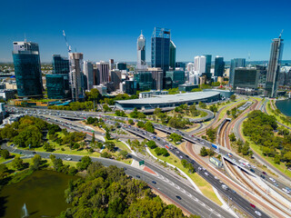 Aerial view of Perth city and highway traffic in Australia - 578197964