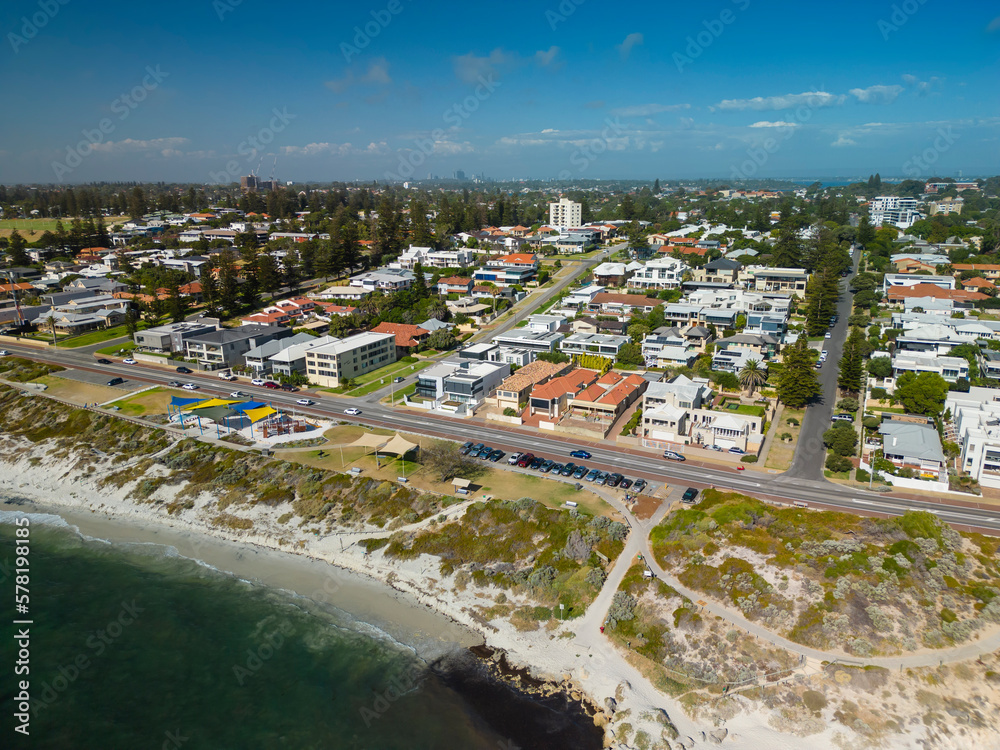 Wall mural aerial view of contemporary houses in the coastal suburb of cottesloe in perth, australia