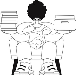 Guy holds piles of docs in linear style, vector illustration.