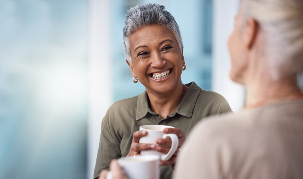 Mockup, senior women and coffee with friends, reunion and happiness with achievement, relax and conversation. Mature females, ladies and tea with discussion, smile and catch up on break and talking - Powered by Adobe