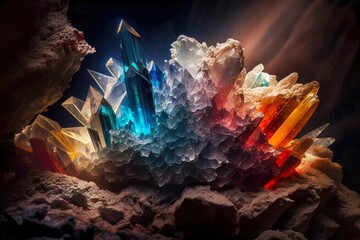 luminous multicolored triangular crystal formation in mountain cave crystals, created with generative ai