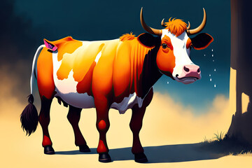 Cow portrait. Colorful magic cow, cartoon style painting. Generative ai art illustration