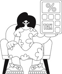 Girl has calculator, linear vector illustration.