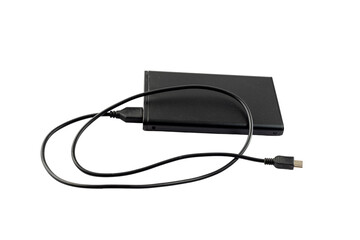 Black metallic power bank on white isolated background