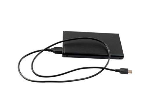 Black metallic power bank on white isolated background