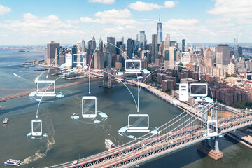 Obraz premium Aerial panoramic city view of Lower Manhattan. Brooklyn and Manhattan bridges over East River, New York, USA. Social media hologram. Concept of networking and establishing new people connections