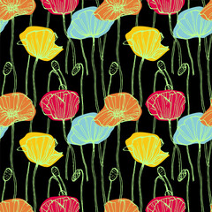 Pattern of poppy flowers. Floral abstract seamless patterns. Vector design for different surfases. Ink Drawing with Texture.
