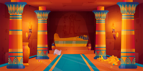 Egyptian pharaoh tomb inside. Ancient pyramid or palace with sarcophagus and treasure of piles of gold coins. Old Egypt temple interior with mummy tomb, vector cartoon illustration - obrazy, fototapety, plakaty