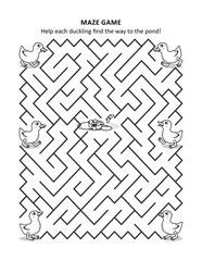 Maze game and coloring page for kids: Help each duckling find the way to the pond!
