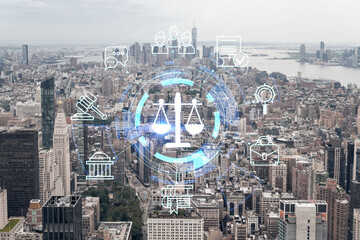 Aerial panoramic city view of Lower Manhattan, Midtown, Downtown, Financial district, West Side at day time, NYC, USA. Legal icons hologram. The concept of law, order, regulations and digital justice