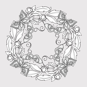 Floral outline mandala with butterflies and plants. Coloring page. Vector.