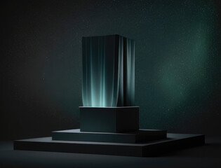 aurora of effulgent streaks twinkling in the darkness. Podium, empty showcase for packaging product presentation, AI generation.