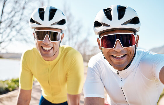 Cycling, fitness and selfie with friends in park for sports, social media and teamwork training. Health, smile and happy with portrait of men on bike in outdoors for picture, workout and adventure