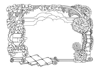 Botanical border with tropical plants. Outline floral frame. Vector