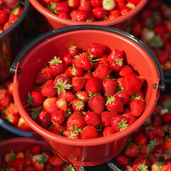 Strawberries. Freshly hand picked strawberries in buckets in the farmer market with soft sunlight.