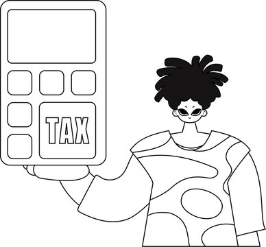 Man holds calculator. Linear. Vector image.