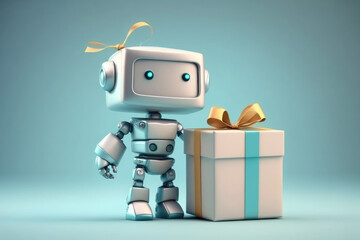 Naklejka premium Cute robot holds gift box. Generative AI