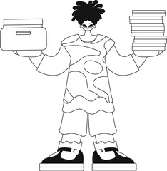Guy stacks documents. Linear style. Vector artwork.
