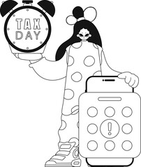 Girl holds calendar and alarm clock, symbolizing tax day. Vector illustration in linear style.
