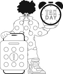 Man with cal and alarm. Tax Day. Linear and vector illustration.