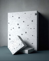 array of speckles daubed onto a canvas of stone. Podium, empty showcase for packaging product presentation, AI generation.