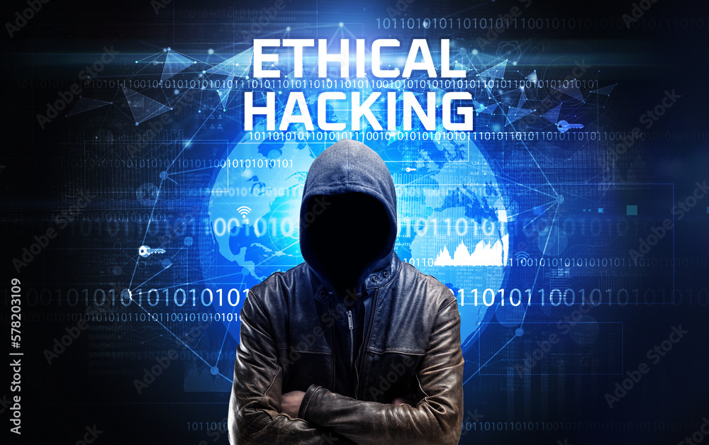 Poster faceless hacker at work, security concept