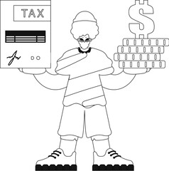 Guy holds tax return and stack of coins in hands. Linear style. Vector illustration.