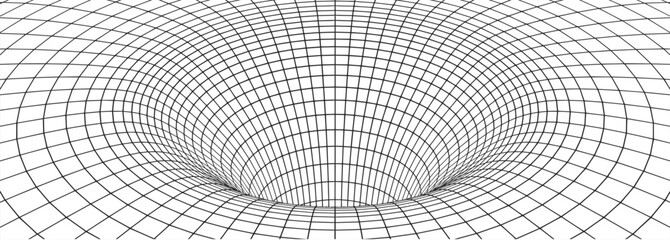 Black hole, wormhole grid. Line wireframe of space warp, tunnel or portal. Abstract geometric background of optical illusion, vortex or funnel, vector outline illustration