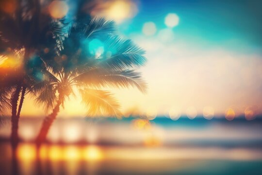 Abstract blurred background of sea and tropical palm beach (Generative AI)