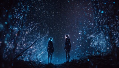 Two people in blue glowing futuristic forest background