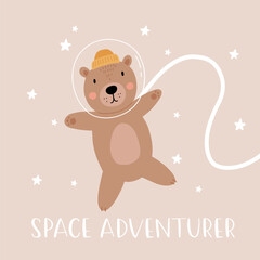 Space adventure brown bear. Cartoon bear, hand drawing lettering, decor elements. Pastel vector illustration for kids. Scandinavian flat style. baby design for cards, posters, t-shirt print.