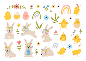Vector color hand-drawn children cute easter set with bunny, chick and easter eggs, flowers in scandinavian style on a white background. Easter set. Spring. Happy easter.