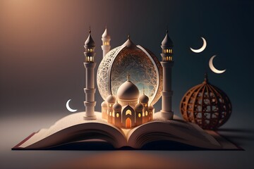 illustration an open book with a mosque and a moon on the top made with generative AI
