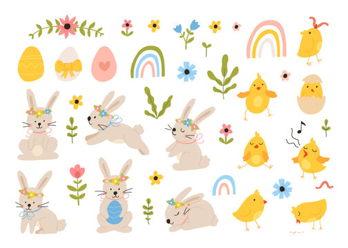 Vector color hand-drawn children cute easter set with bunny, chick and easter eggs, flowers in scandinavian style on a white background. Easter set. Spring. Happy easter.