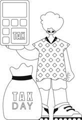 Man holds calculator. Linear style vector illustration.