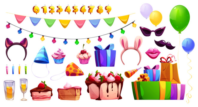 Birthday party elements, cake, balloons, candles and gift boxes. Icons of anniversary celebration decoration, cupcakes, carnival hats and headbands, garland and flags, vector cartoon set