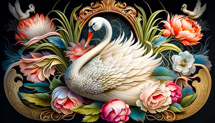 AI Generative Illustration of a Creative Photo of a  Graceful Swan and Flowers A 3D Wallpaper Design