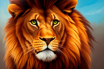 A beautiful drawing of a lion with a majesticaly peaceful expression. Colorful magic lion, cartoon style painting. Generative ai art illustration