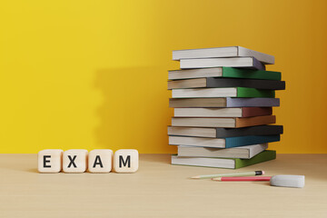 There is a wooden cube in front of a yellow wall with books on a desk and the word exam written on it. 3d rendering