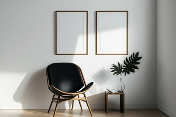 Blank picture frame mockup on a white wall. Portrait orientation and Artwork template mock up in interior design. View of modern boho style interior with chair, Generative AI