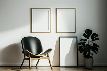 Blank picture frame mockup on a white wall. Portrait orientation. Artwork template mock up in interior design. View of modern boho style interior with chair, Generative AI