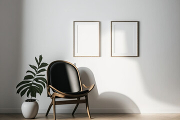 Blank picture frame mockup on a white wall. Portrait orientation. Artwork template mock up in interior design. View of modern boho style interior with chair, Generative AI