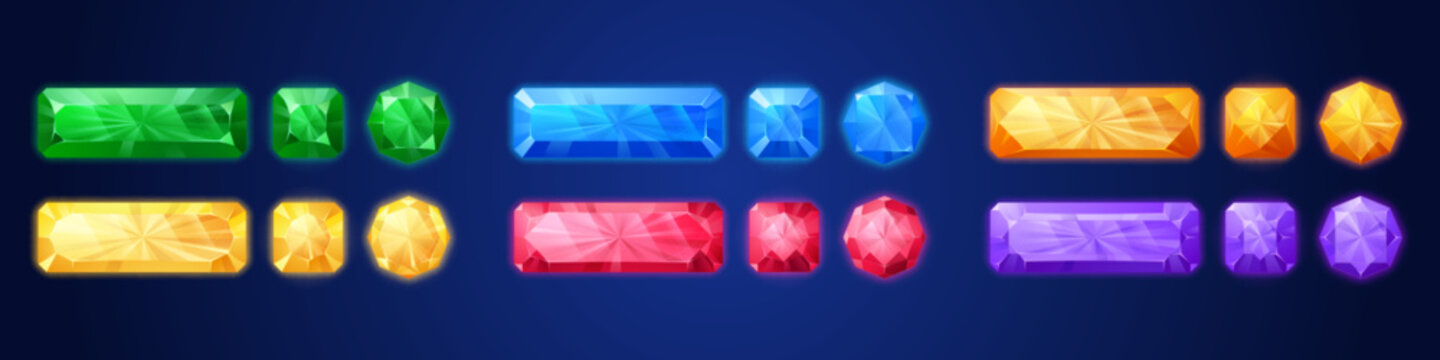 Cartoon set of game crystals isolated on dark background. Vector illustration of rectangle, square, round gem stone buttons for gui design. Colorful kit of 3 match gaming jewels. Treasure kit elements