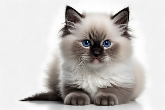 Portrait Ragdoll cat, small kitten portrait isolated on white background photography made with Generative AI