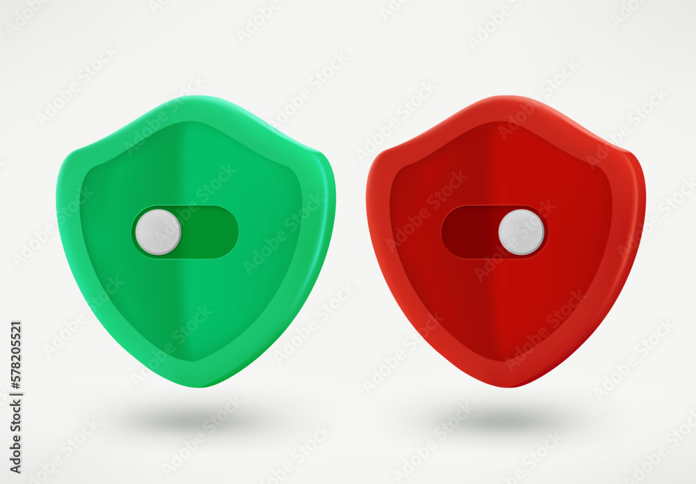 Poster Protected account concept with shield with ON and OFF buttons. 3d vector illustration