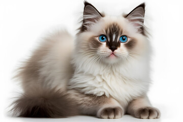Fototapeta premium Portrait Ragdoll cat, small kitten portrait isolated on white background photography made with Generative AI