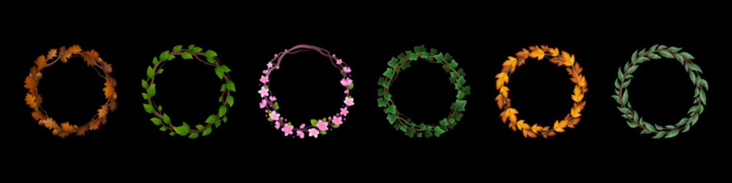 Set of round avatar frames decorated with flowers and foliage isolated on dark background. Vector cartoon illustration of circle borders ornated with oak, sakura tree, ivy leaves. Game ui elements