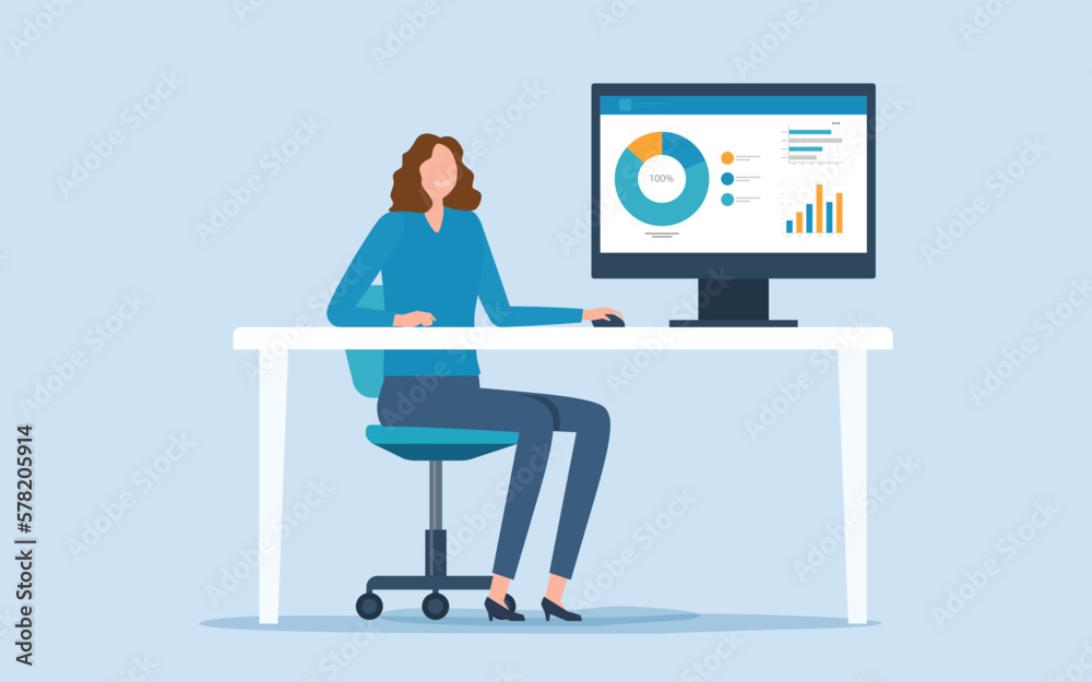Poster business people analytics and monitoring on graph report dashboard monitor concept and flat vector i
