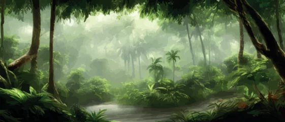 Fototapeten Horizontal tropical jungle landscape. Panoramic view of a dense forest with palms and lianas. Exotic colorful landscapes of green tropical forest with foliage plants. Color flat vector illustration © Павел Кишиков