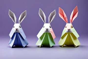 three origami rabbits with large ears and detailed whiskers against a pastel background